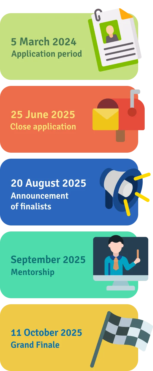 5 March 2025: application period. 25 June 2025: close application. 20 August 2025: announcement of finalists. September 2025: mentorship. 11 October 2025: Grand Finale.